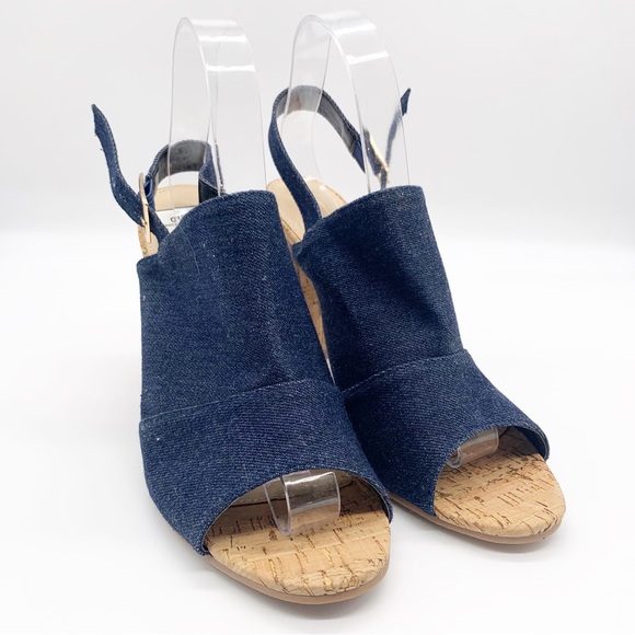 Yoki Shoes Yoki Denim Slingback Peep Toe Corkheel Mule Sandal